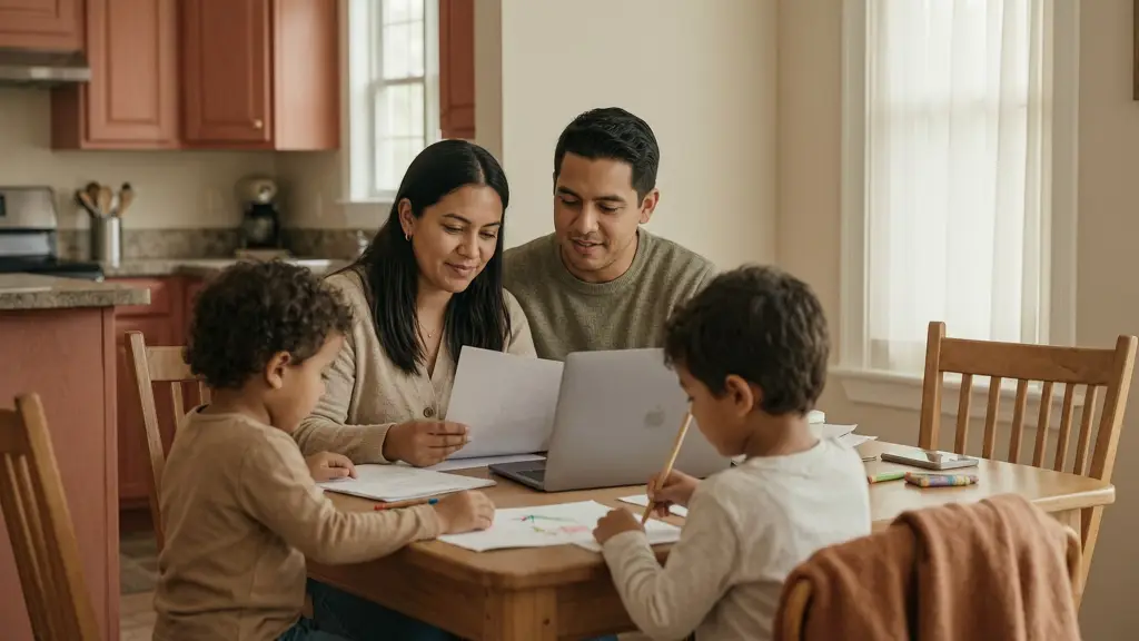 Warm documentary-style photograph of a Texas family at home in natural light