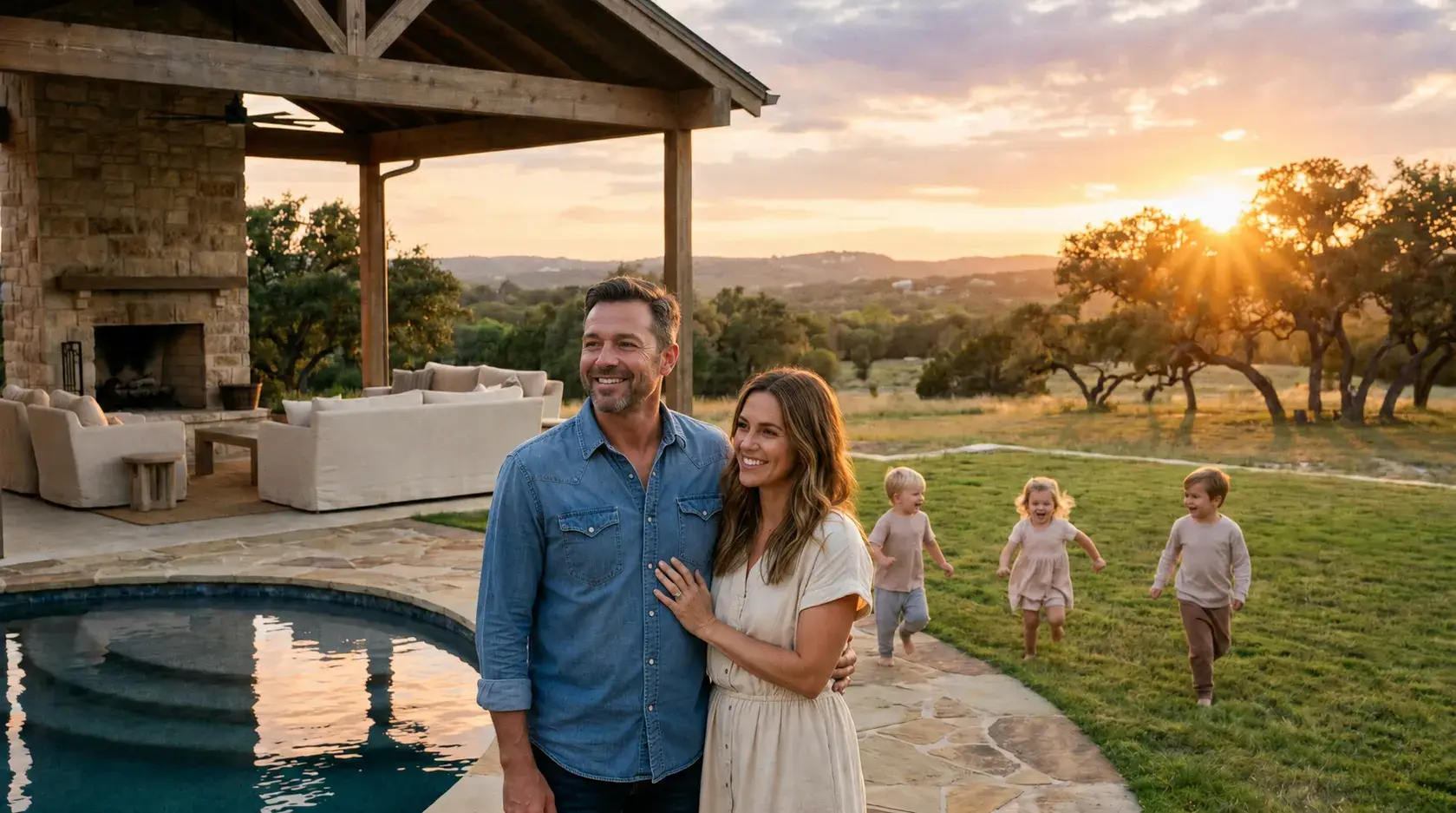Happy Texas family relaxing by their backyard pool, at ease after protecting their legacy with a Goodcatt and Associates living trust